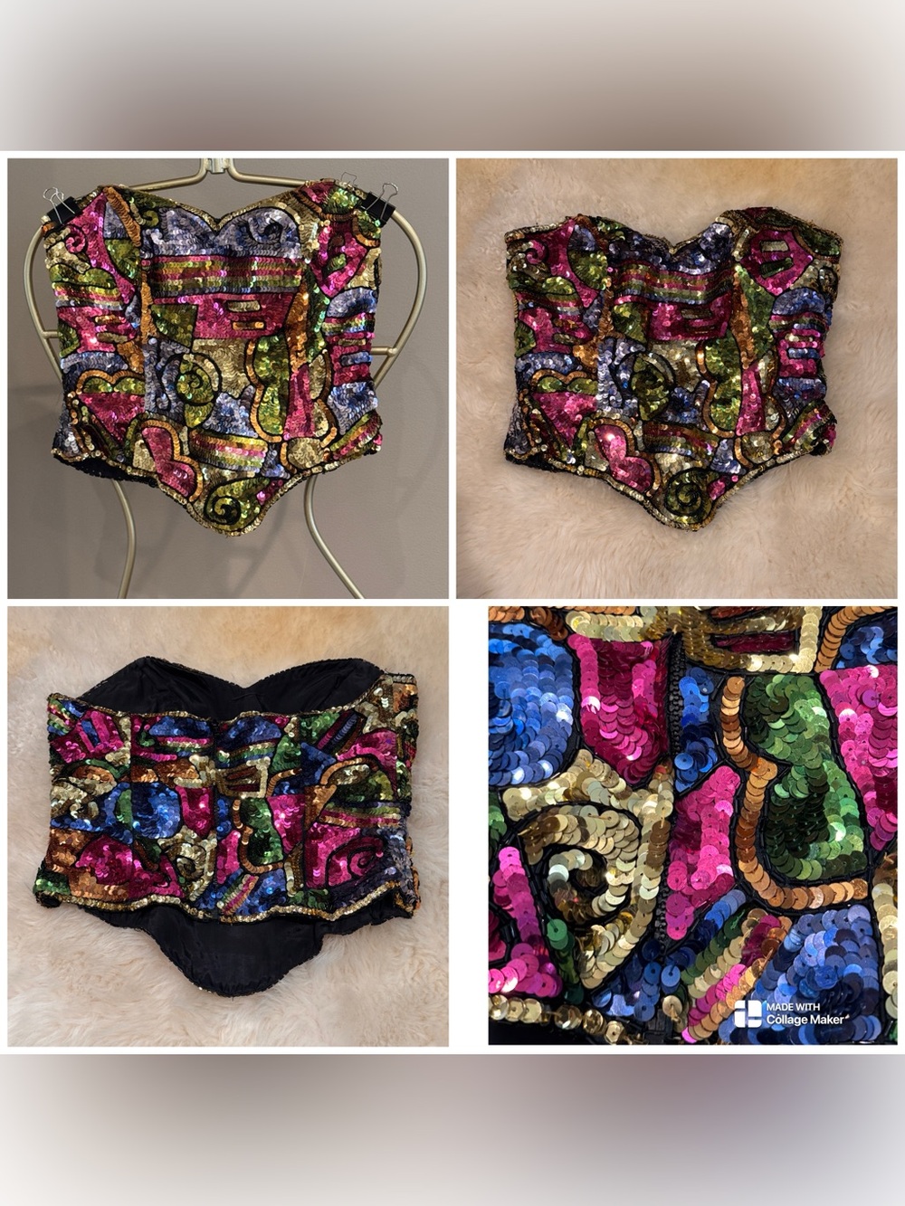 Vintage 90s Designer Colorful Rainbow Sequins Abstract Silk Bustier